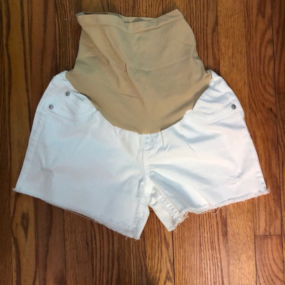 White denim maternity shorts